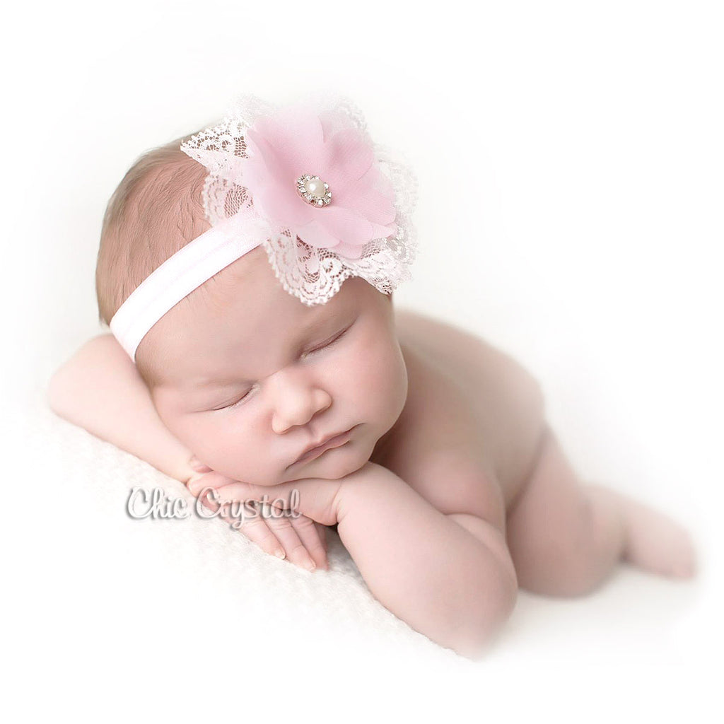 Pink Lace Chiffon Headband - Chic Crystals
